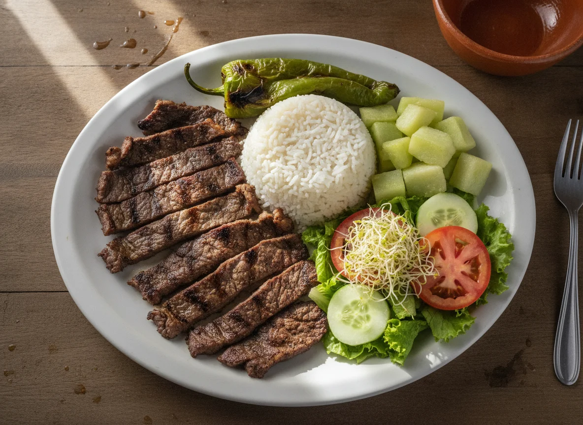 Plato típico salvadoreño con carne asada, arroz y vegetales photo