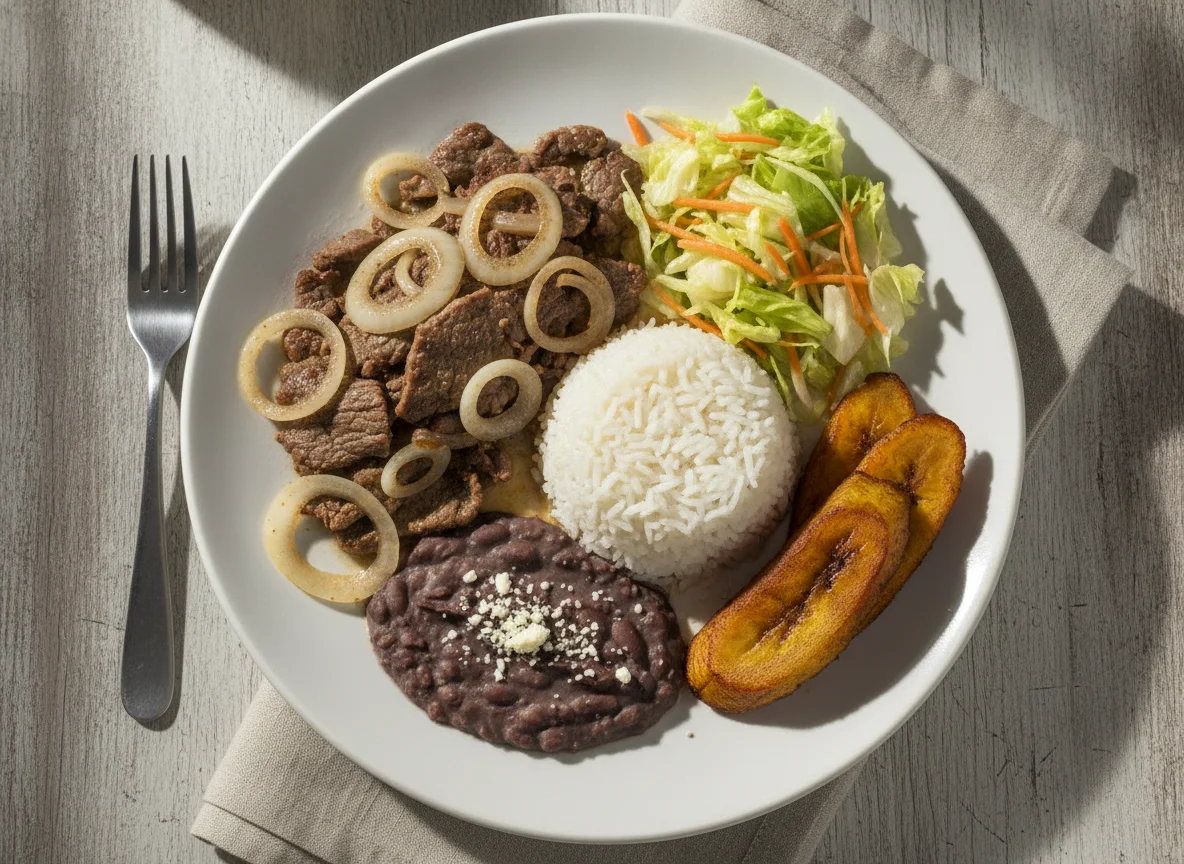 Plato típico salvadoreño con carne encebollada, arroz, frijoles y plátano photo