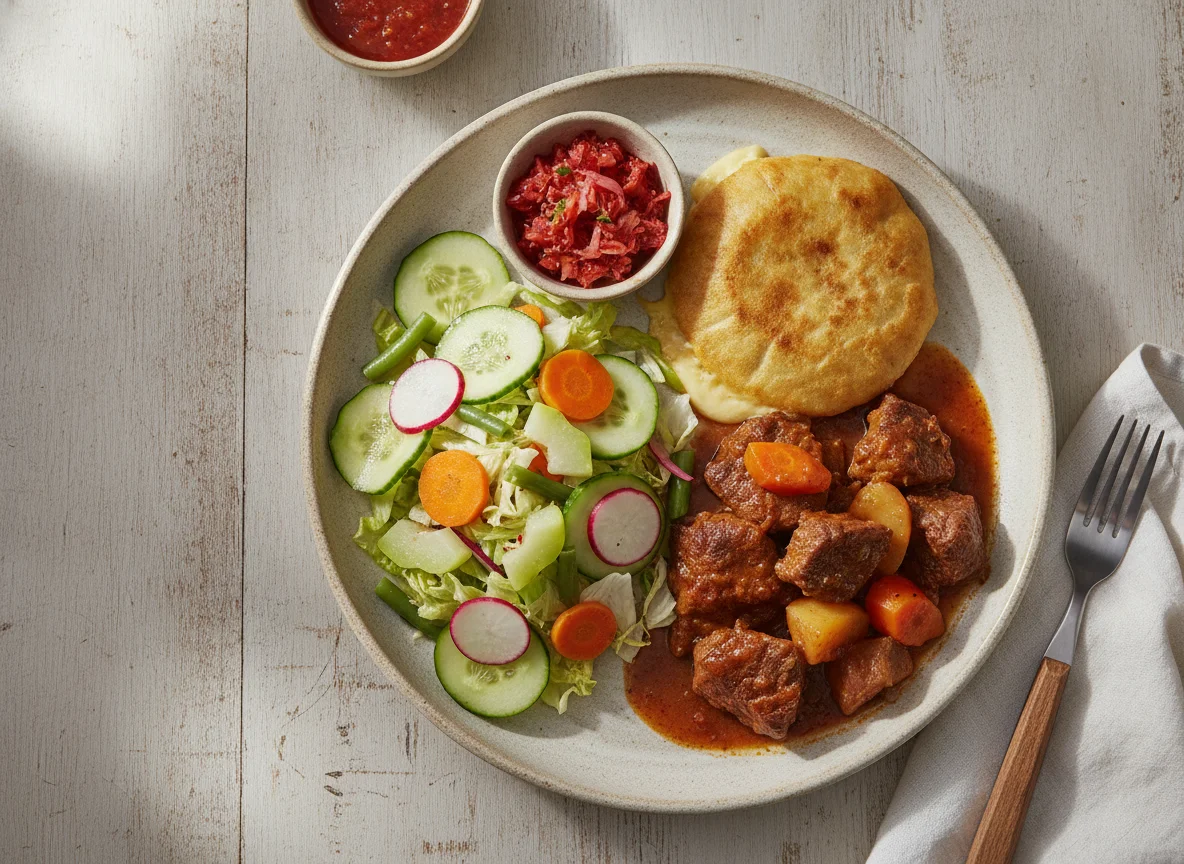 Plato típico salvadoreño con carne guisada, pupusa y ensalada photo
