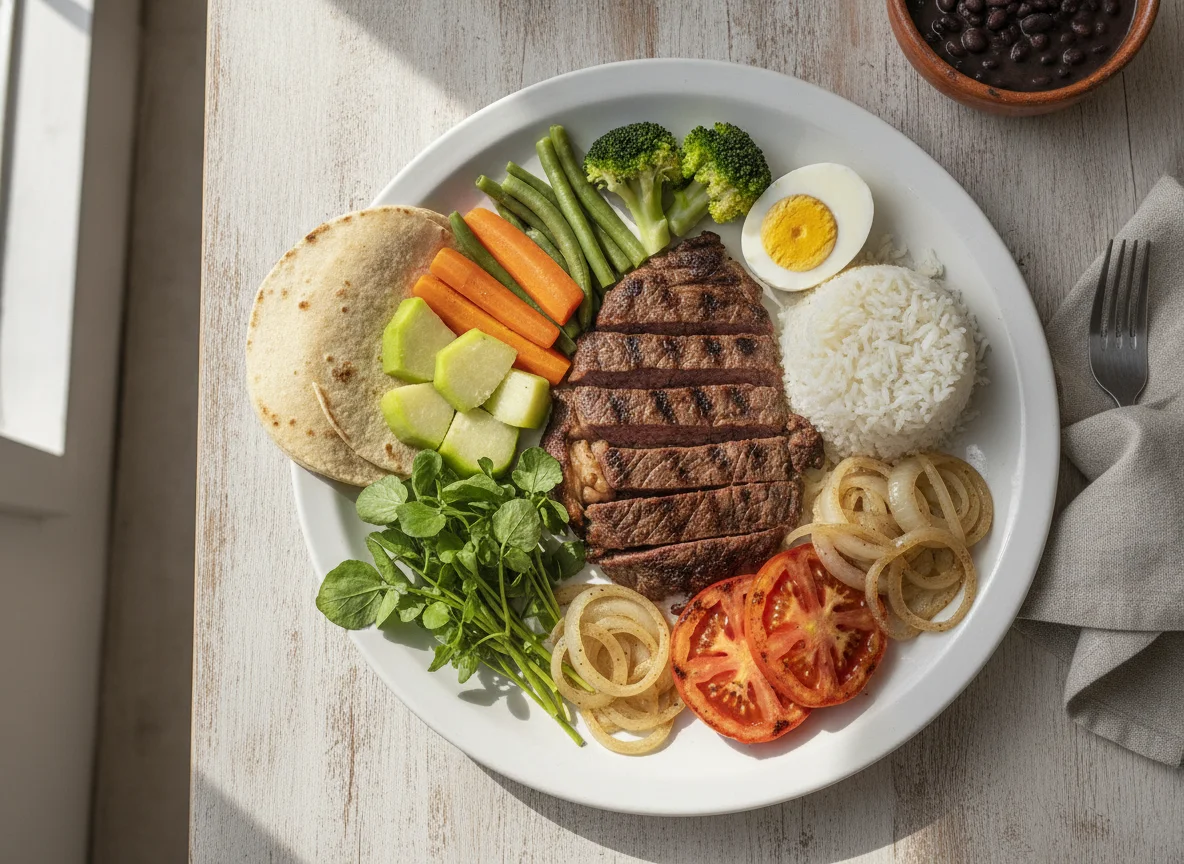 Plato típico salvadoreño con carne, huevo y vegetales photo