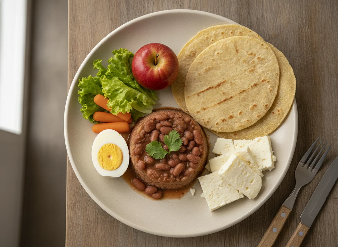 Plato típico salvadoreño con huevo, frijoles y tortilla photo
