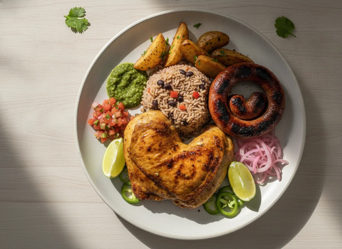 Plato típico salvadoreño con pollo asado, casamiento y chorizo photo