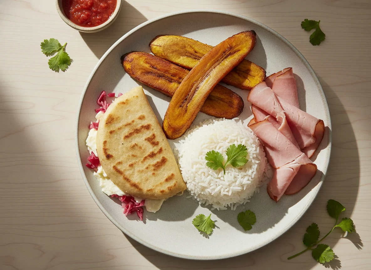 Plato variado con arroz, plátano frito, jamón y pupusa photo