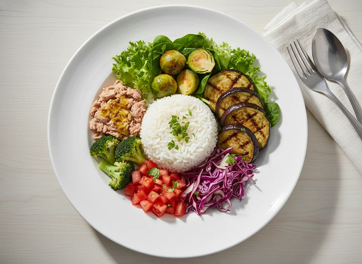 Plato variado con arroz y atún photo