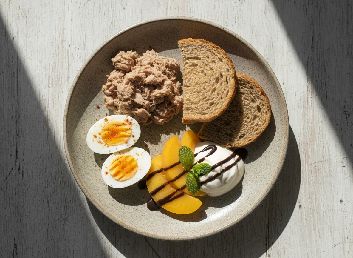 Plato variado con atún, huevos, pan y duraznos photo
