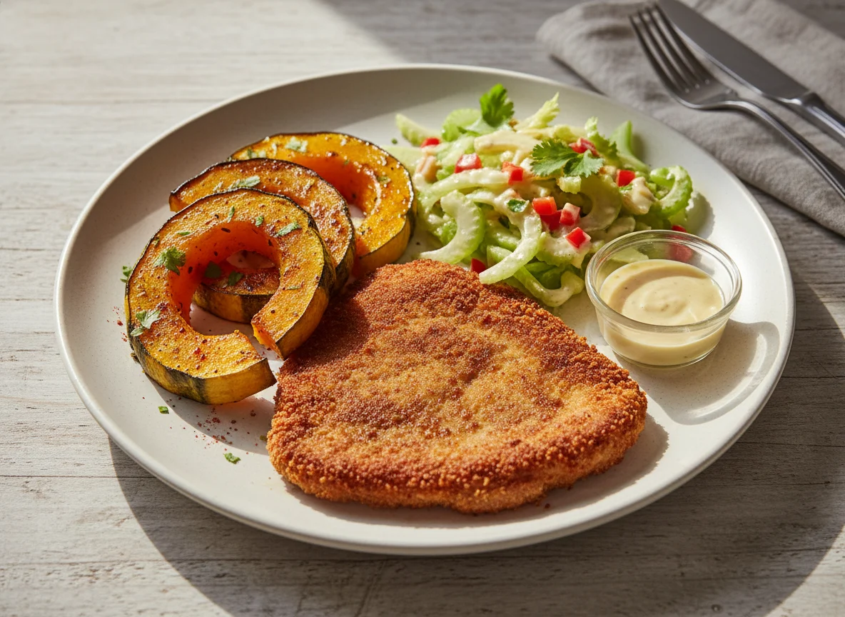 Plato variado con calabaza, milanesa y ensalada photo