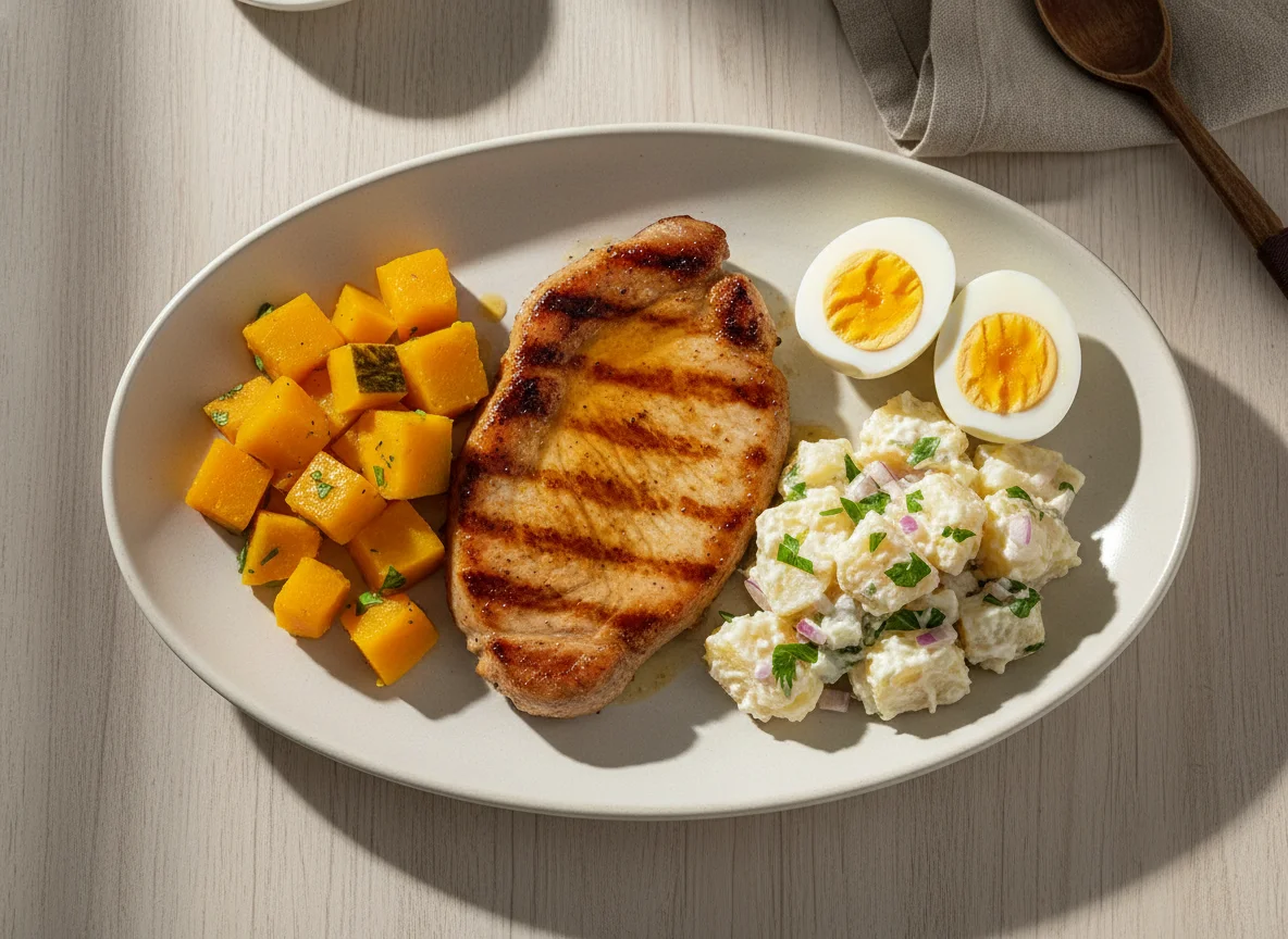 Plato variado con carne de cerdo, calabaza, huevos y ensalada de papa photo