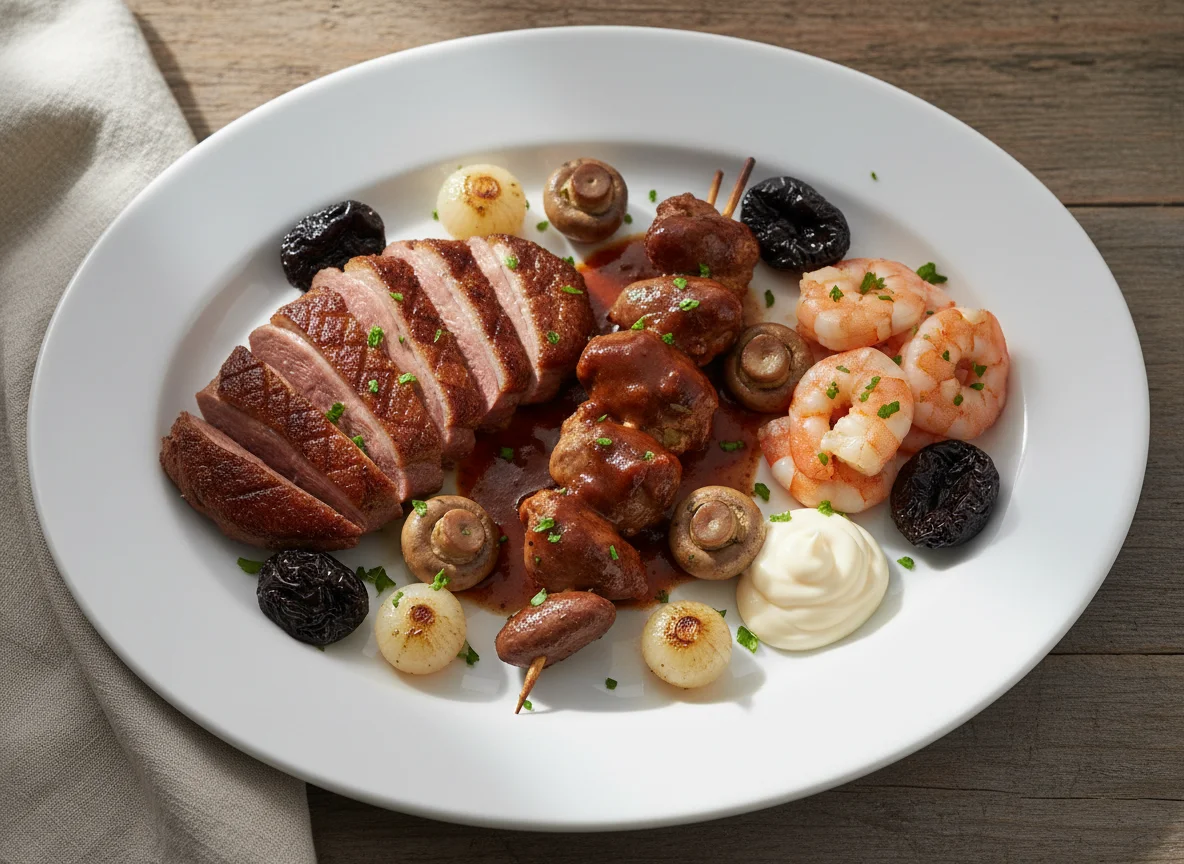 Plato variado con carne, gambas y guarnición photo