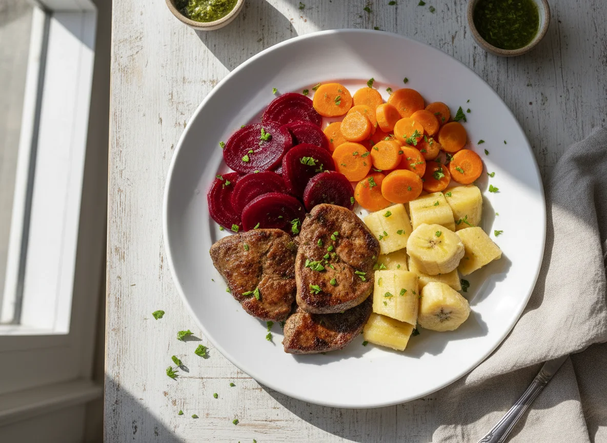 Plato variado con carne, vegetales y plátano photo