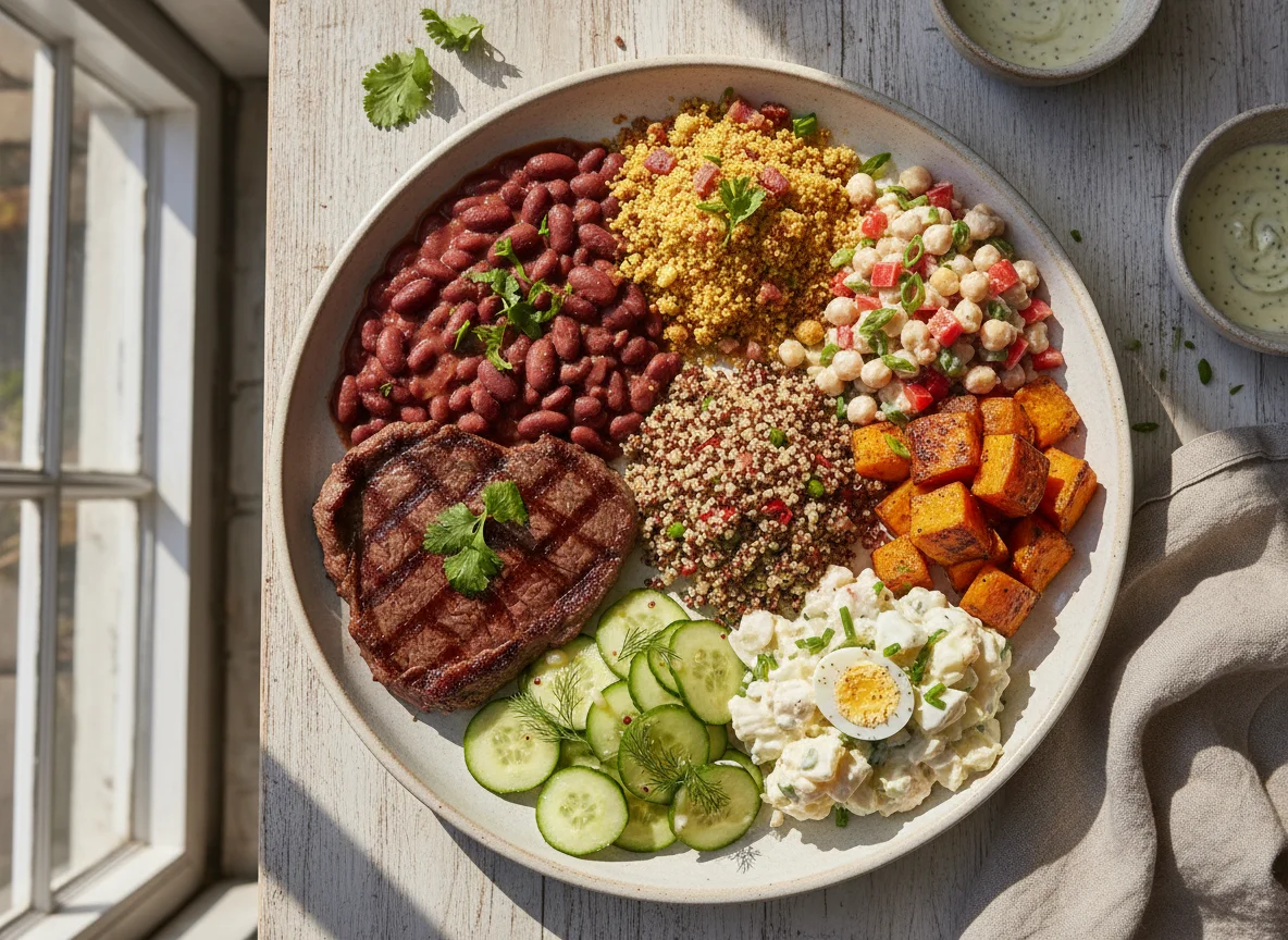Plato variado con carne y guarniciones photo