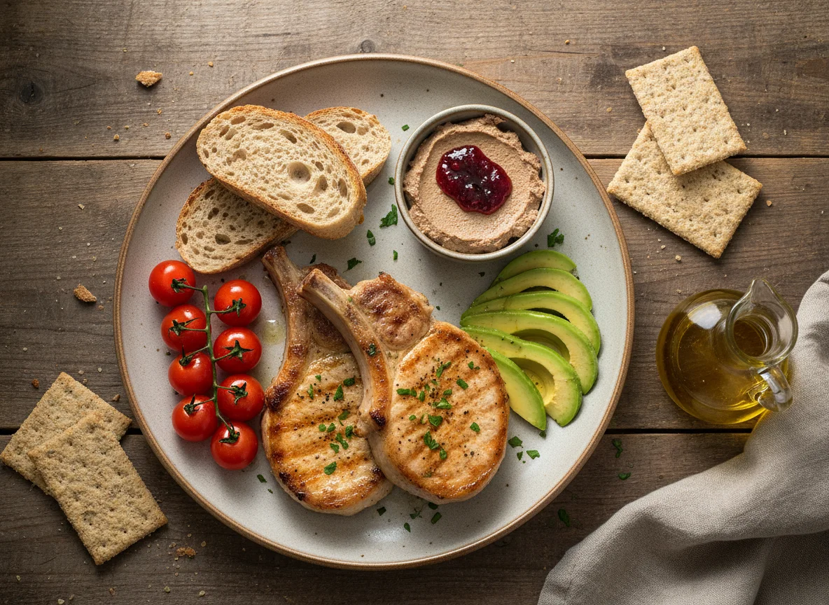 Plato variado con chuletas de cerdo, aguacate, tomate y pan crujiente photo