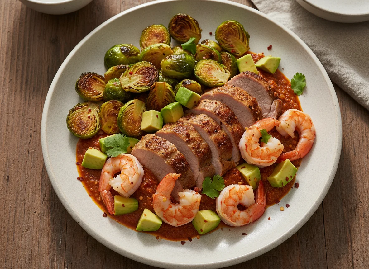 Plato variado con coles de Bruselas, cerdo, gambas y aguacate photo