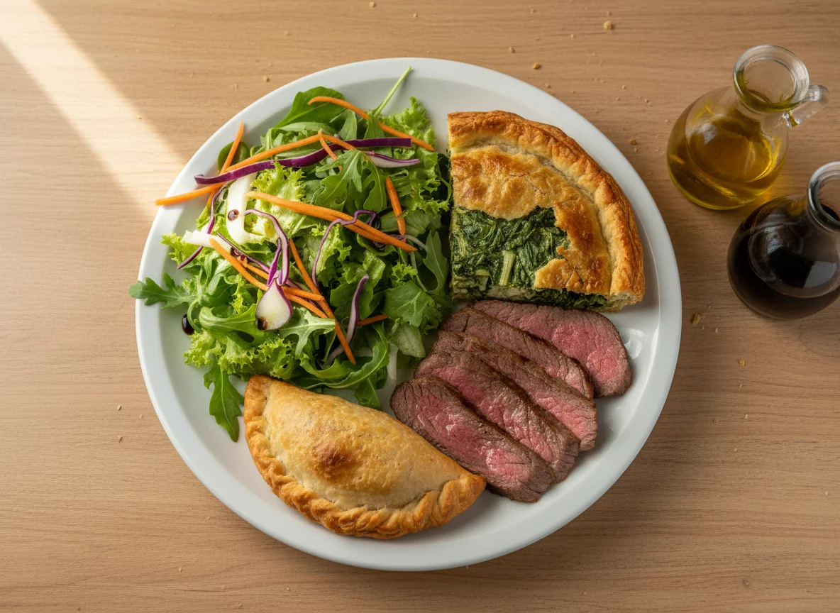 Plato variado con ensalada, tarta, empanada y carne photo