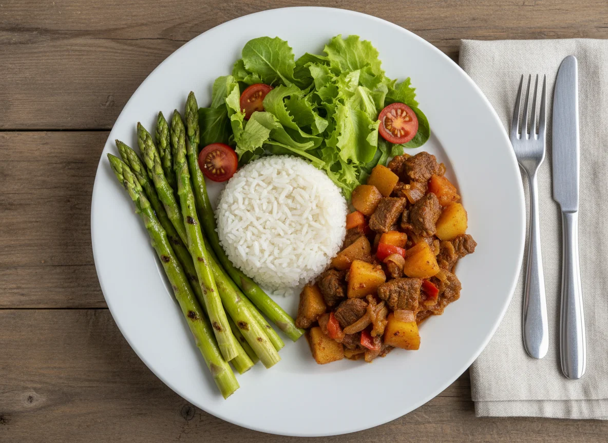 Plato variado con espárragos, arroz, ensalada y guiso de carne con papas photo