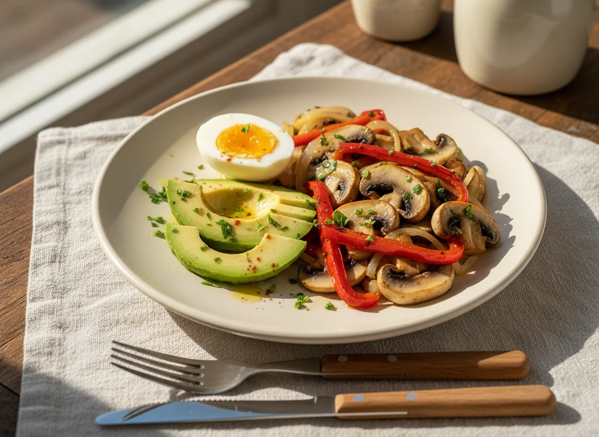 Plato variado con huevo, aguacate y champiñones photo
