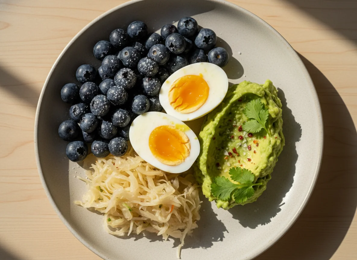 Plato variado con huevo, arándanos, chucrut y palta photo