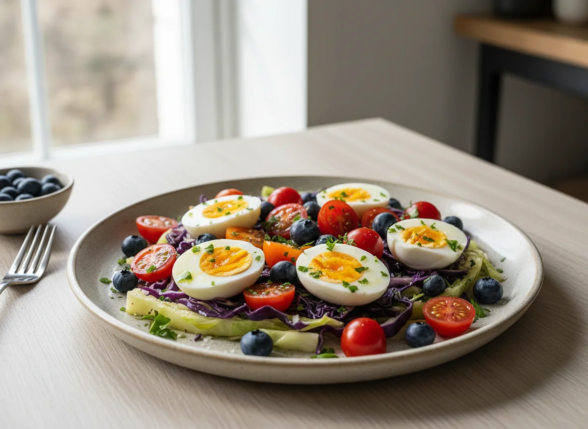 Plato variado con huevo, arándanos, tomates cherry y repollo photo