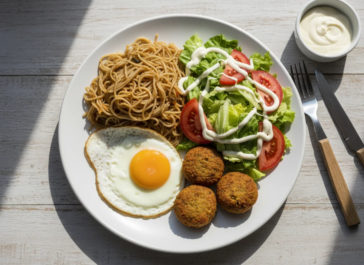 Plato variado con huevo, fideos de arroz, falafel y ensalada photo