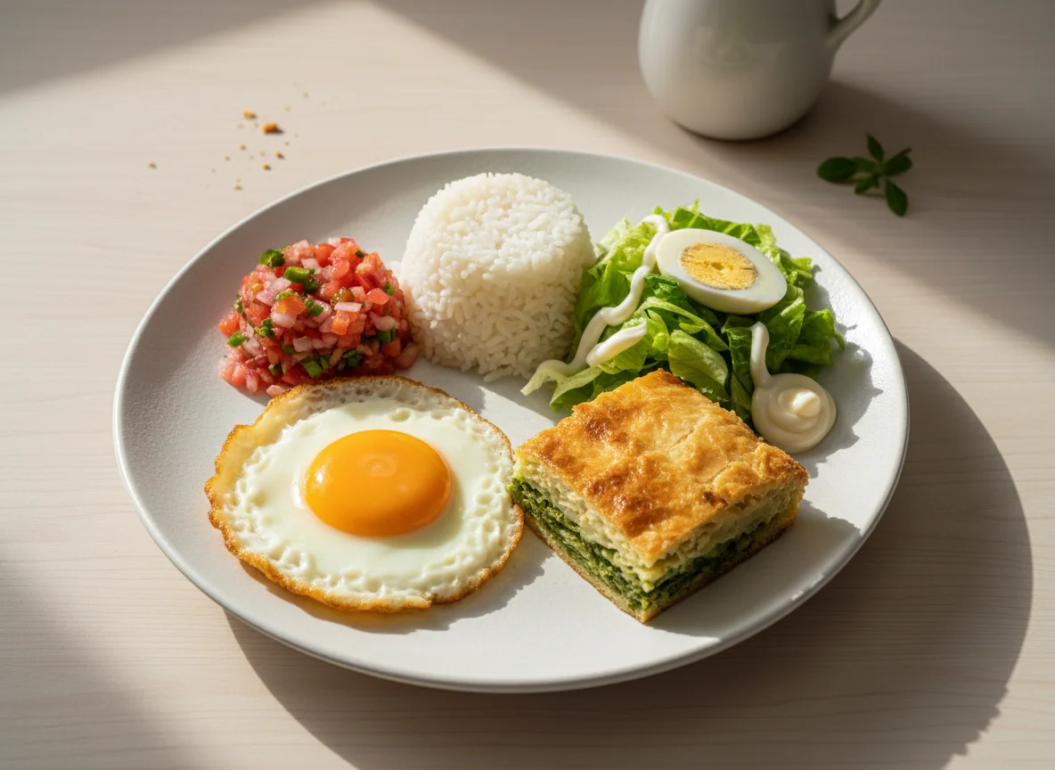 Plato variado con huevo frito y pastel de acelga photo