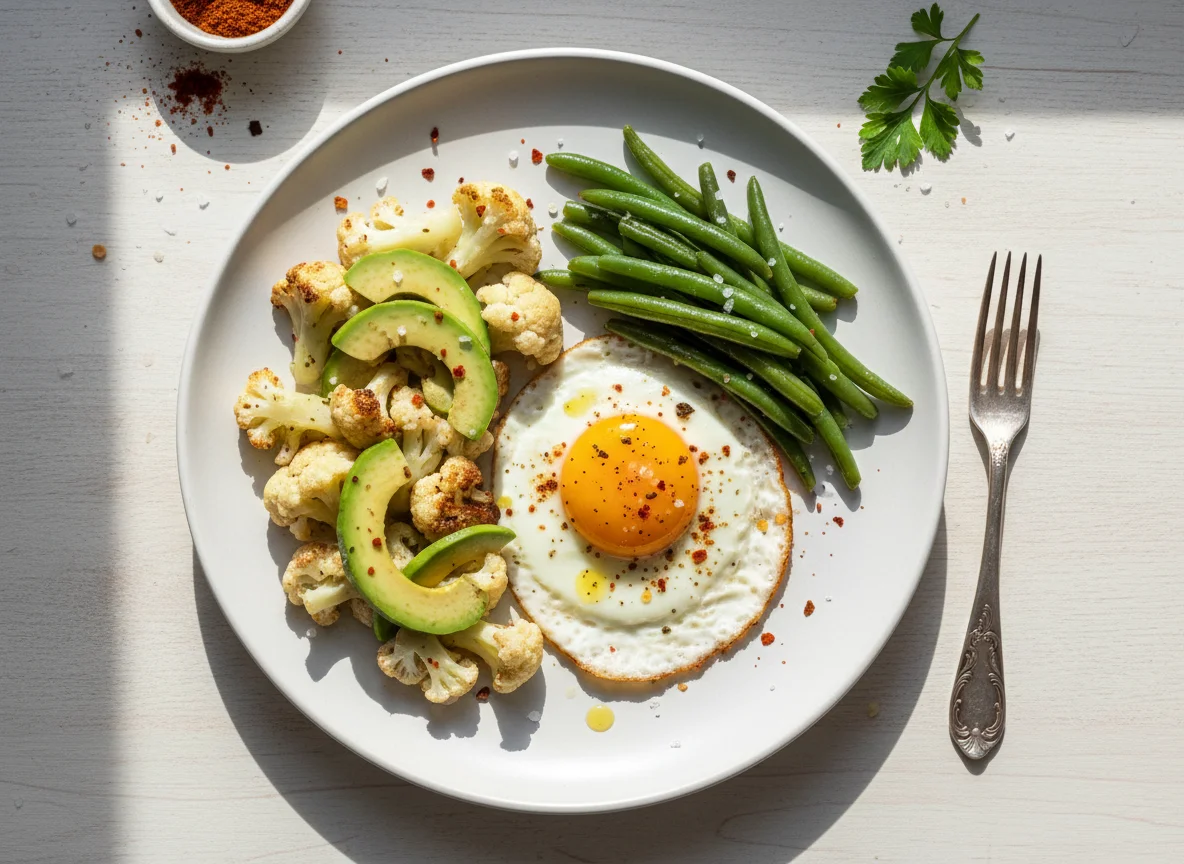 Plato variado con huevo frito y vegetales photo