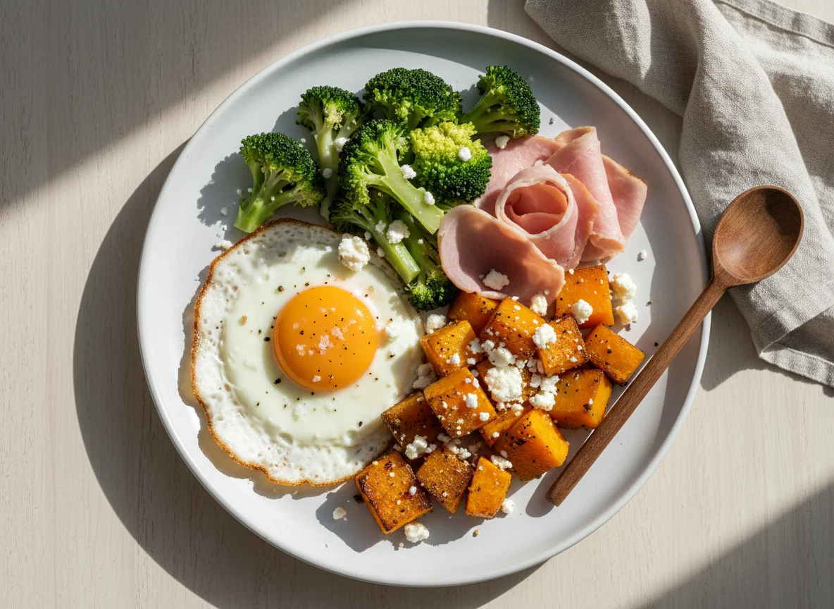 Plato variado con huevo, jamón, brócoli y calabaza photo