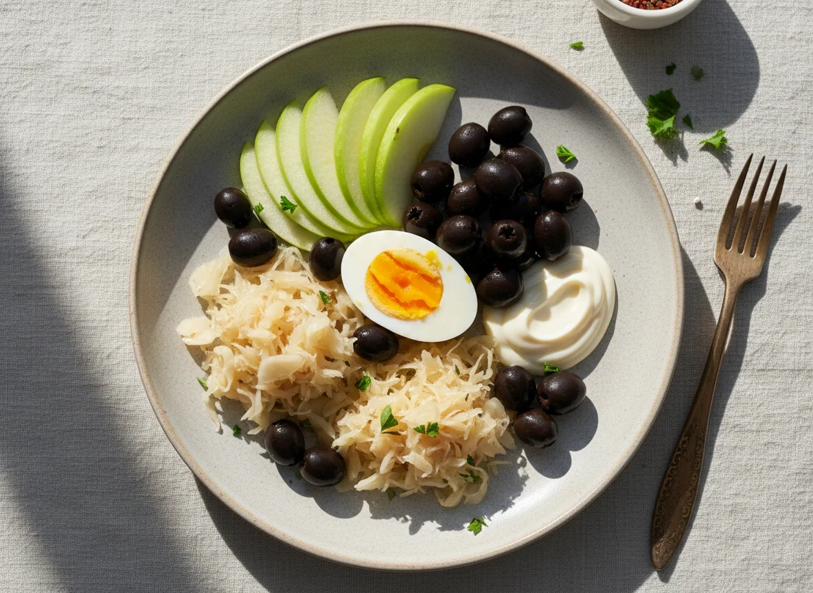 Plato variado con huevo, manzana y aceitunas photo