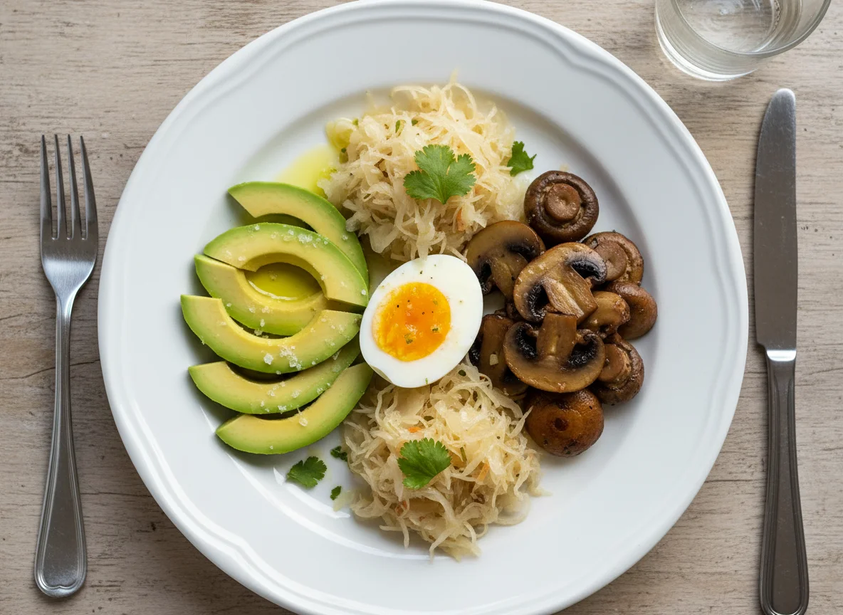 Plato variado con huevo, palta, chucrut y champiñones photo