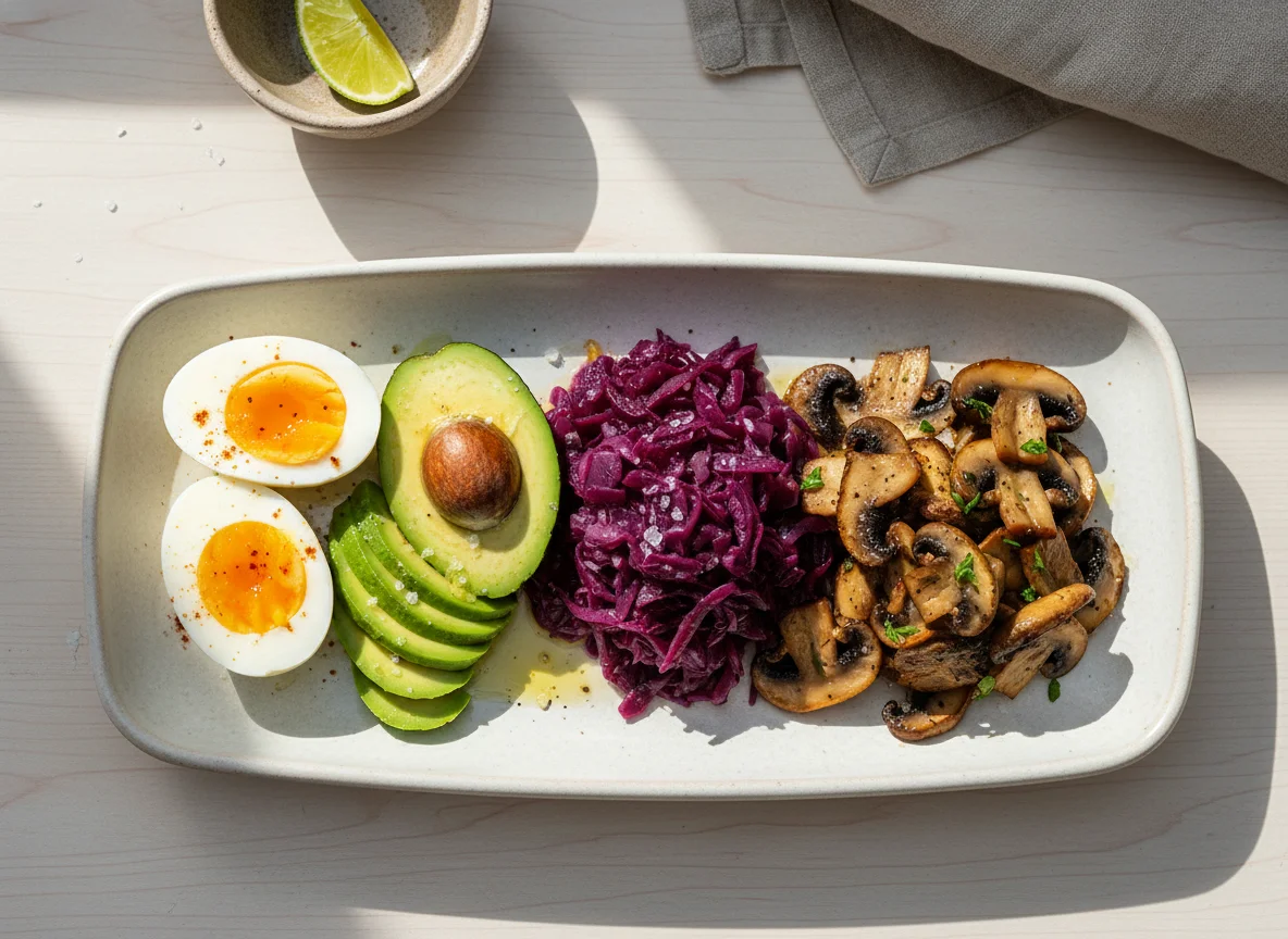 Plato variado con huevo, palta y repollo photo