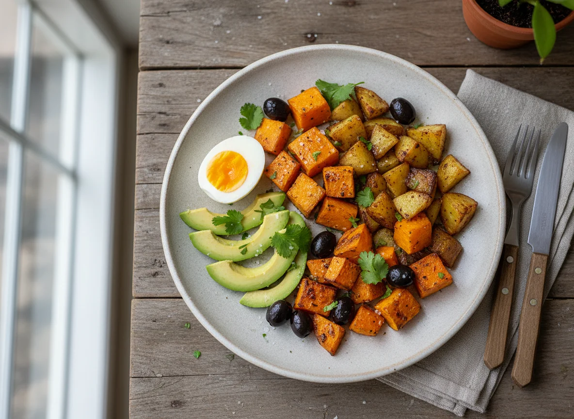 Plato variado con huevo, palta y vegetales asados photo