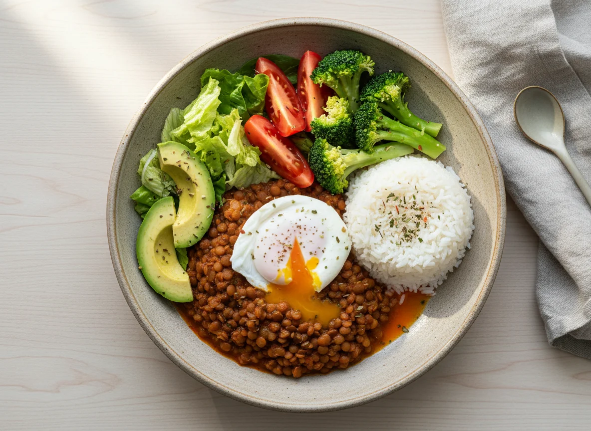 Plato variado con huevo y lentejas photo