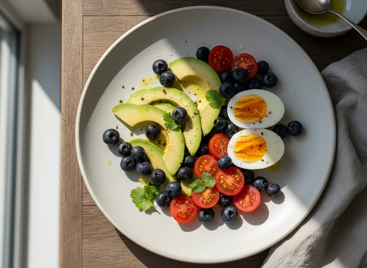 Plato variado con huevos, aguacate y frutos rojos photo