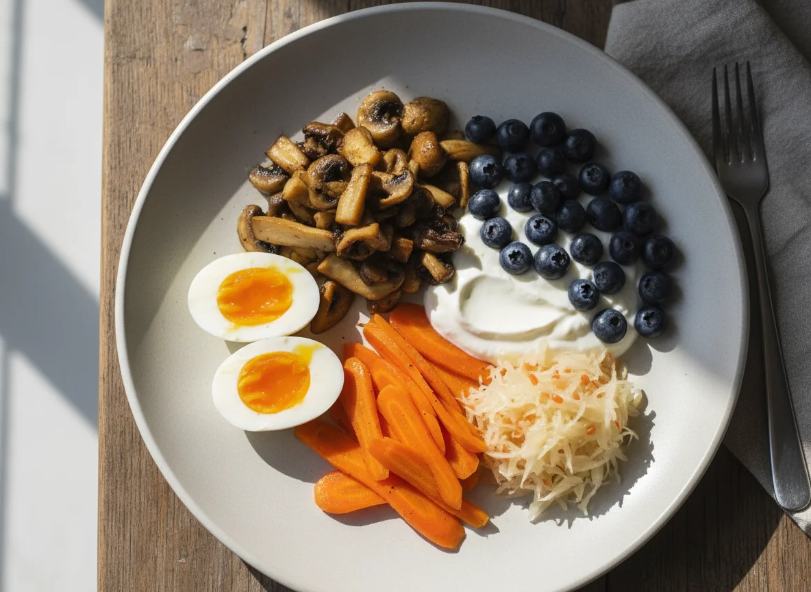 Plato variado con huevos, champiñones y arándanos photo