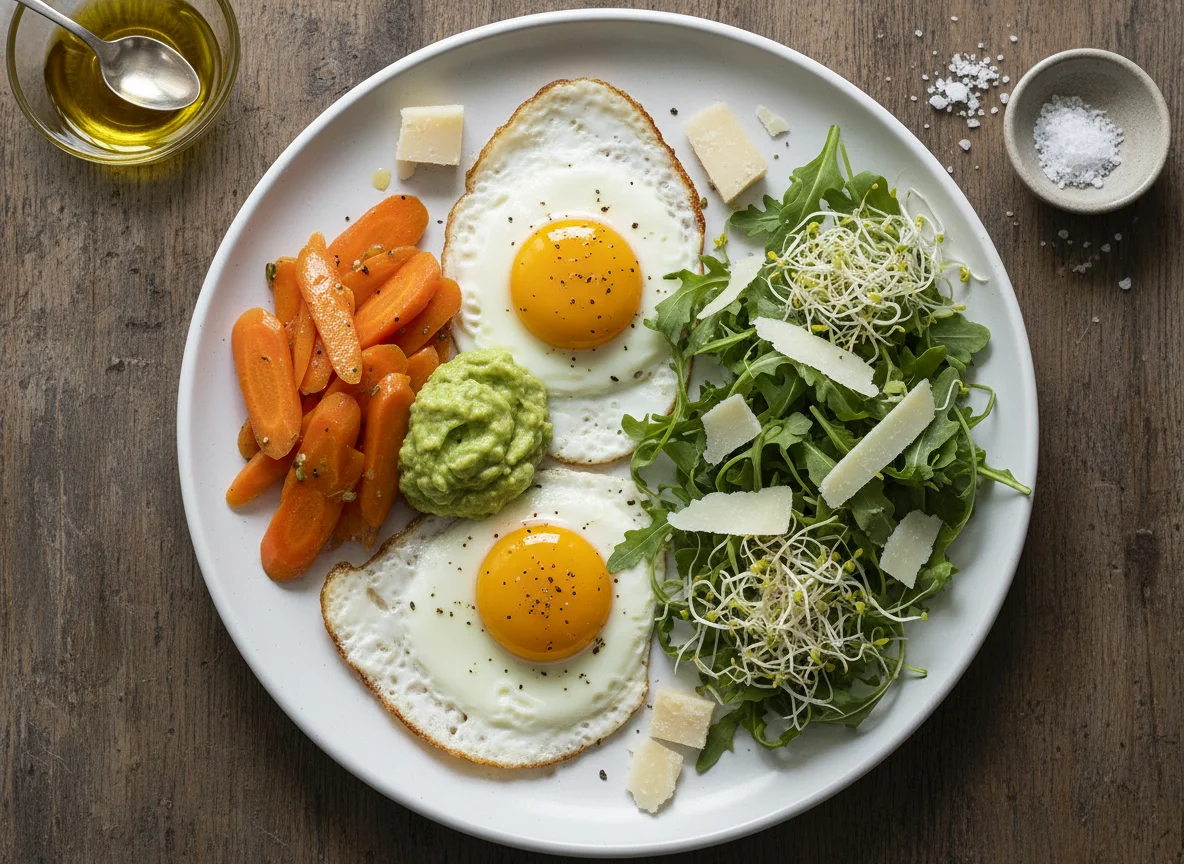 Plato variado con huevos fritos y ensalada photo