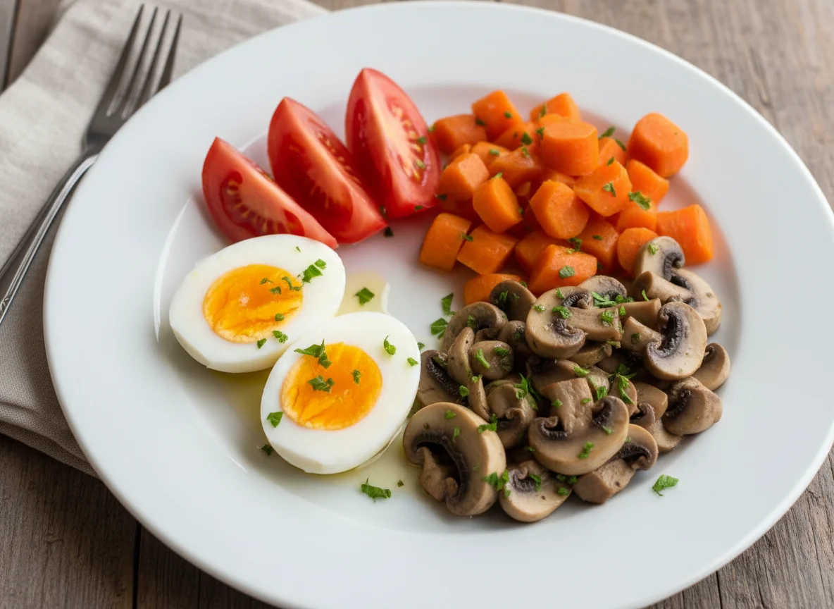 Plato variado con huevos, tomate, champiñones y zanahoria photo