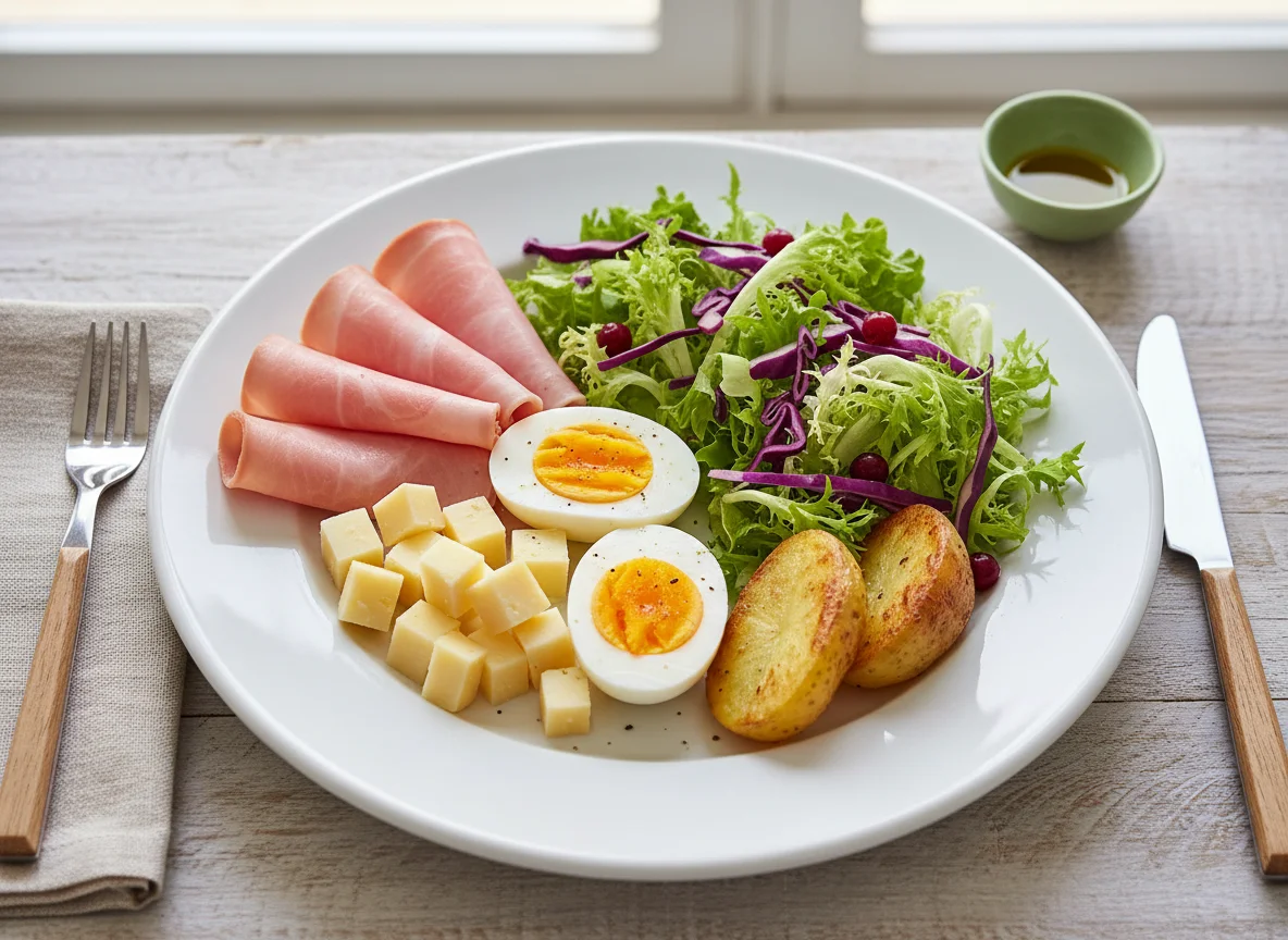 Plato variado con jamón, queso, huevo y ensalada photo