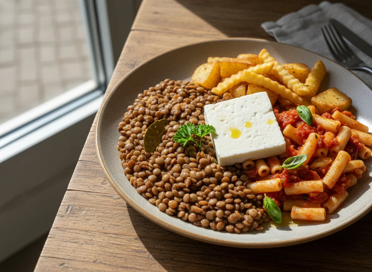 Plato variado con lentejas, pasta y papas photo