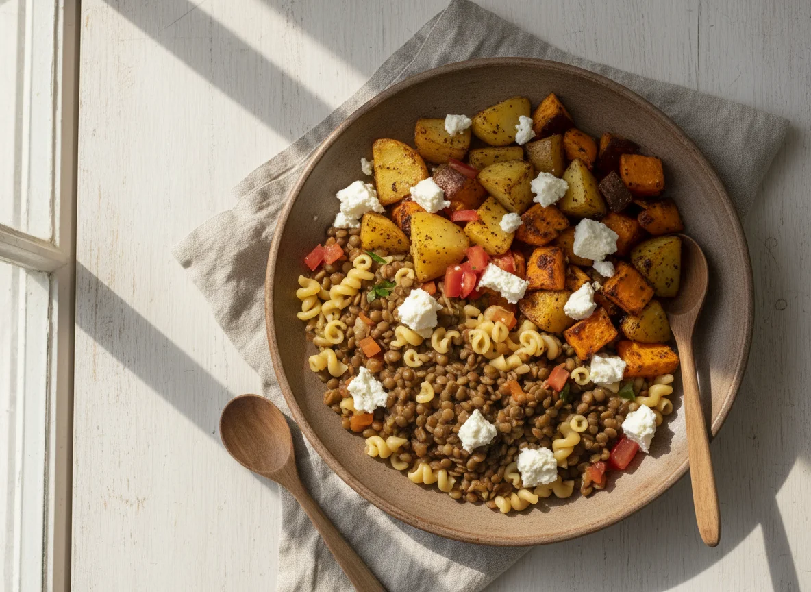 Plato variado con lentejas, pasta y vegetales photo