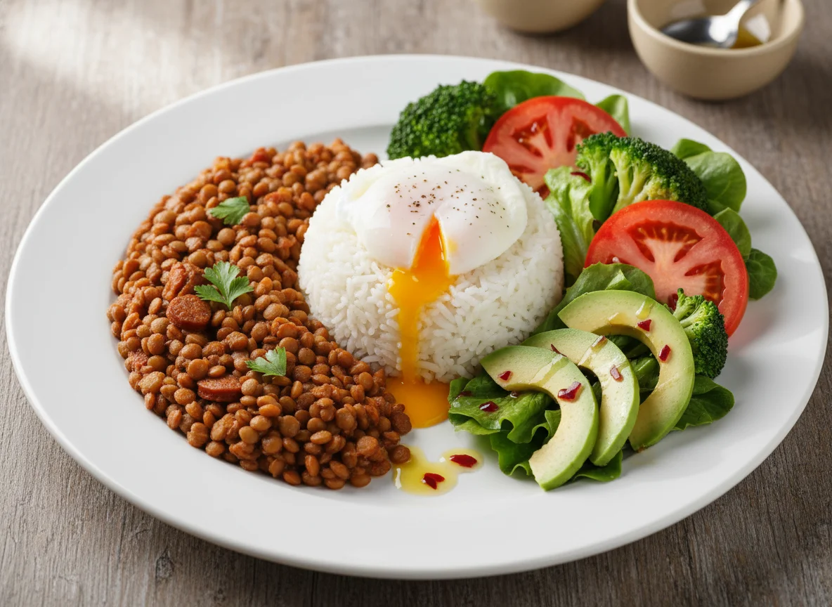 Plato variado con lentejas y huevo photo