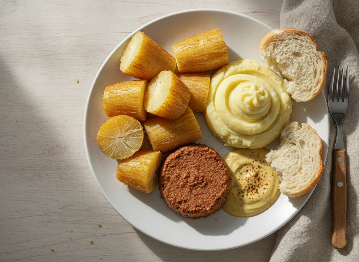 Plato variado con mandioca y pan photo
