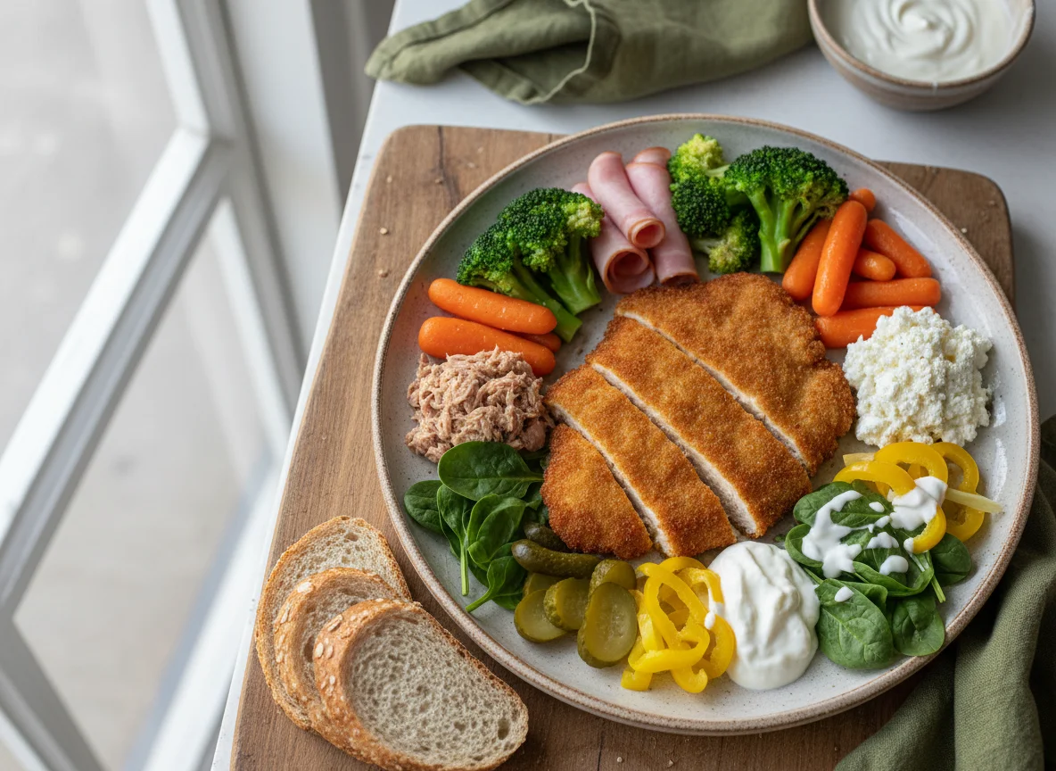 Plato variado con milanesa y ensalada photo