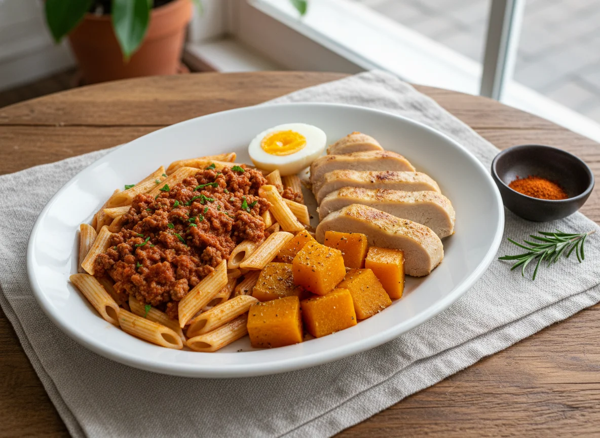 Plato variado con pasta, pollo, calabaza y huevo photo