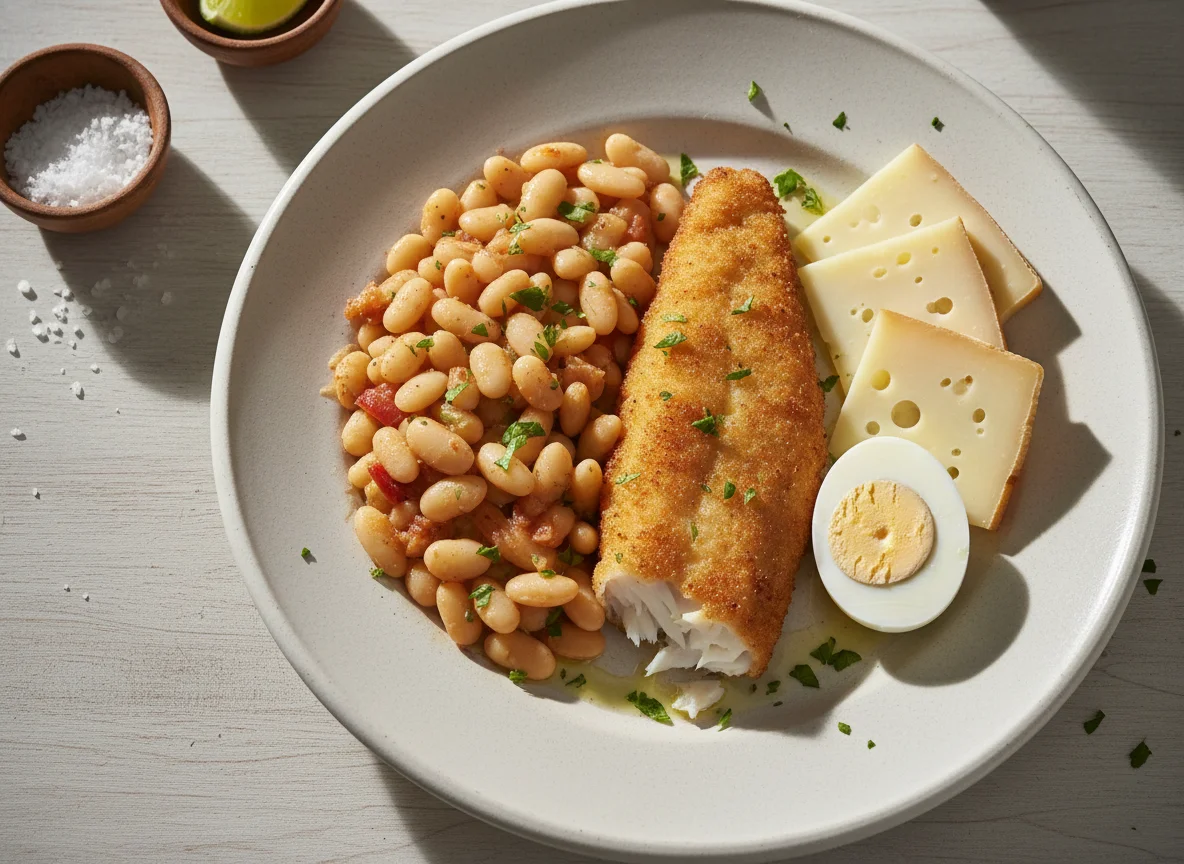 Plato variado con pescado, legumbres y huevo photo