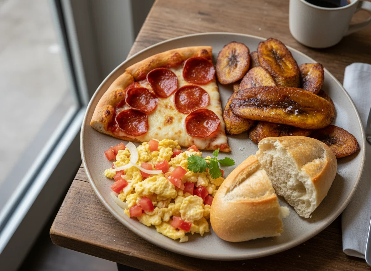 Plato variado con pizza, huevos revueltos, plátanos fritos y pan photo