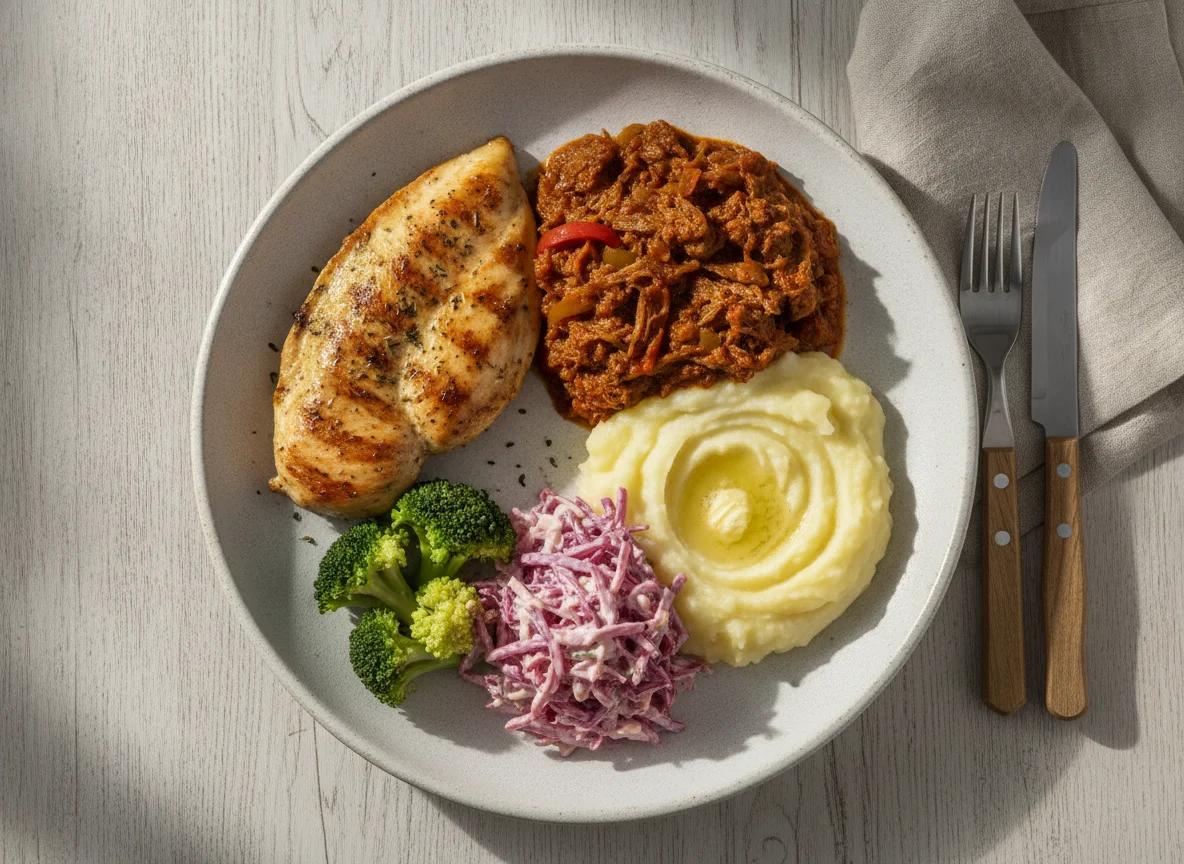Plato variado con pollo, carne mechada y puré photo