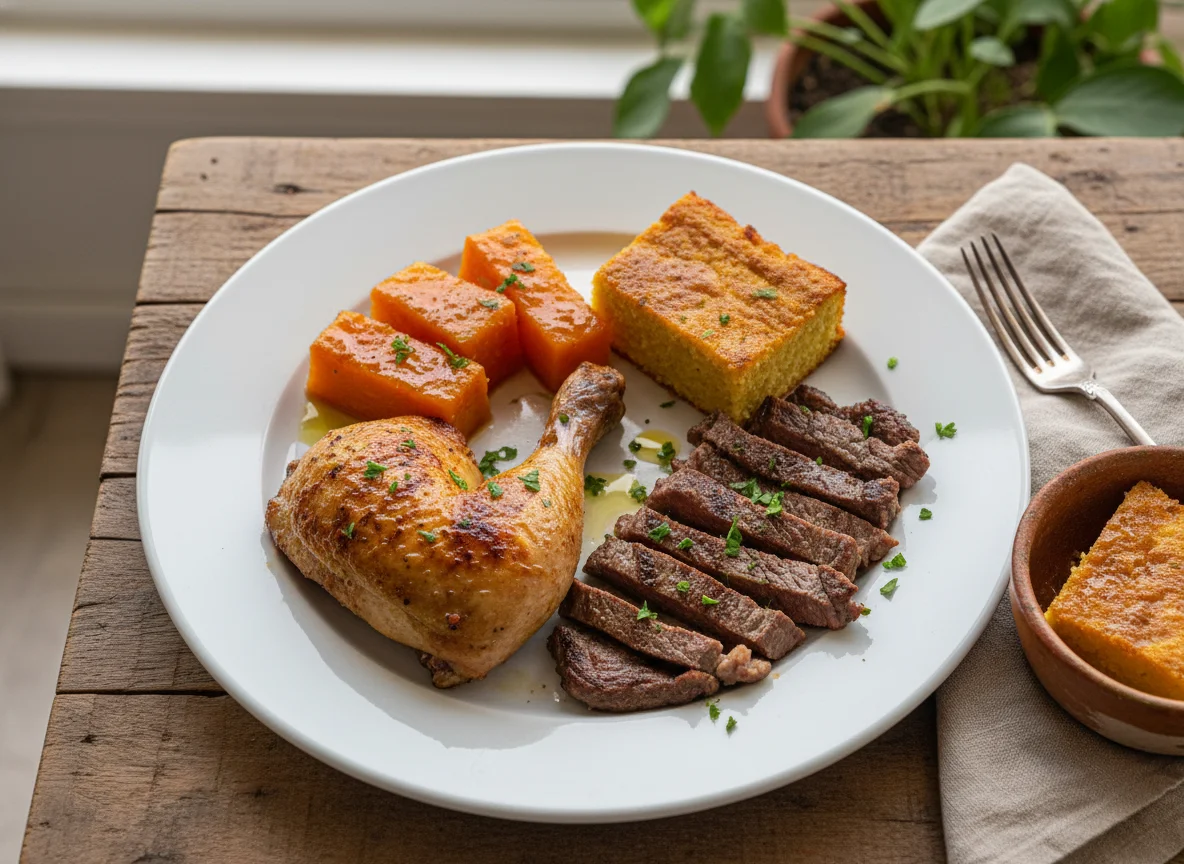 Plato variado con pollo, carne y guarniciones photo