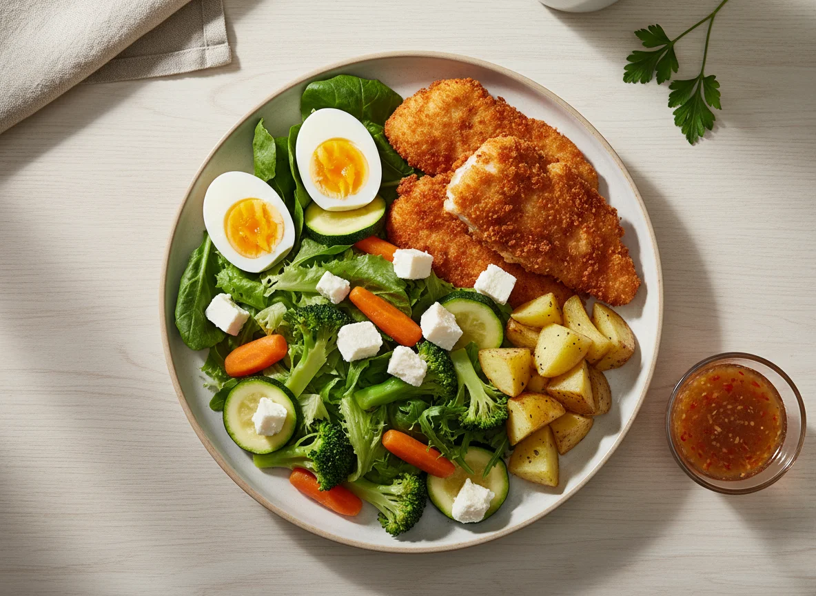 Plato variado con pollo empanizado, huevos y ensalada photo