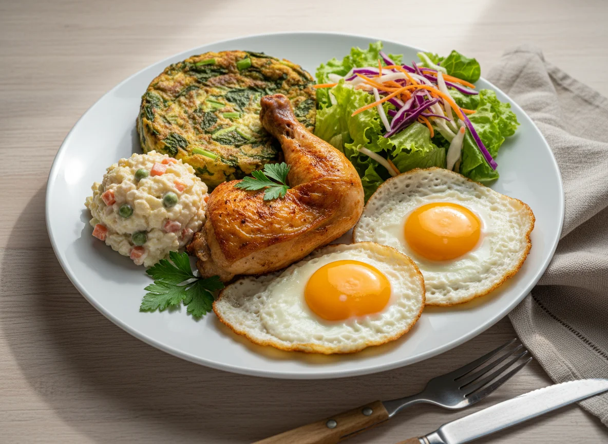Plato variado con pollo, ensalada rusa y huevos fritos photo