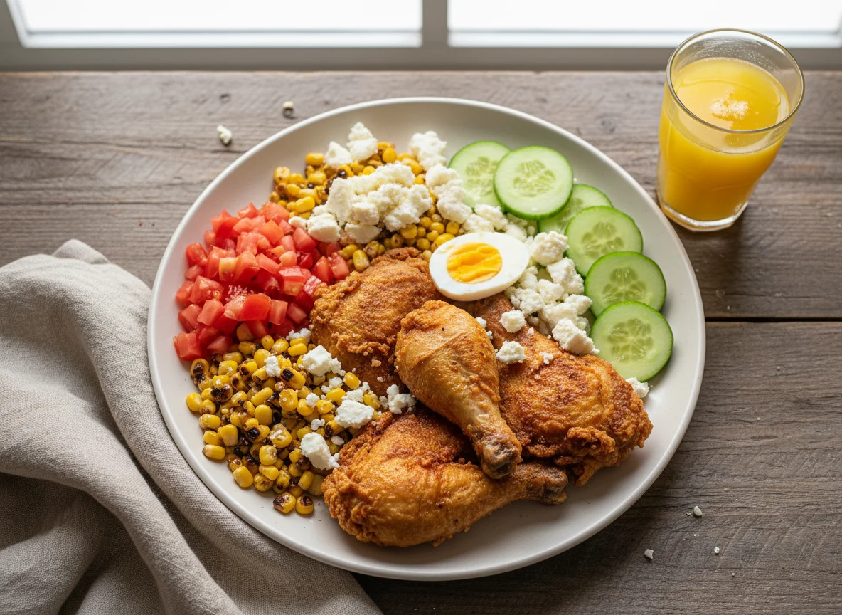 Plato variado con pollo frito y vegetales photo