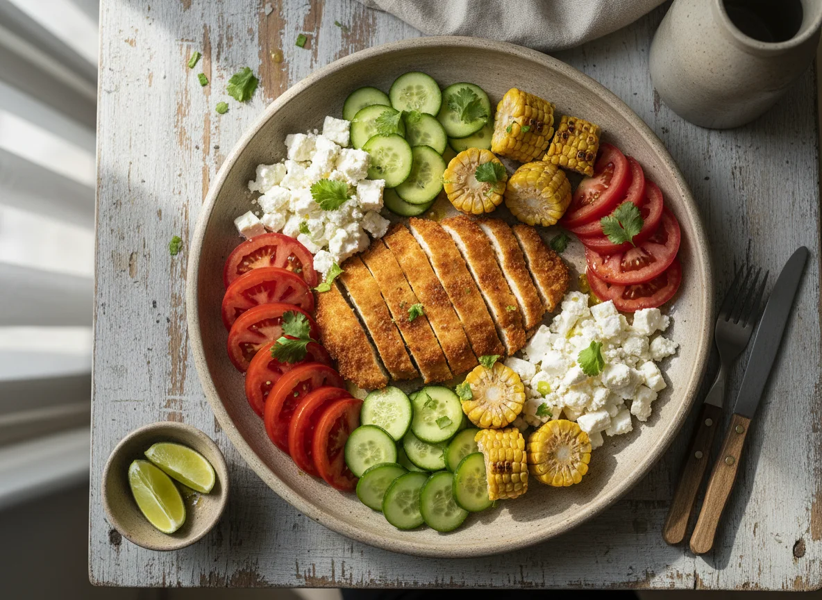 Plato variado con pollo, vegetales y queso photo
