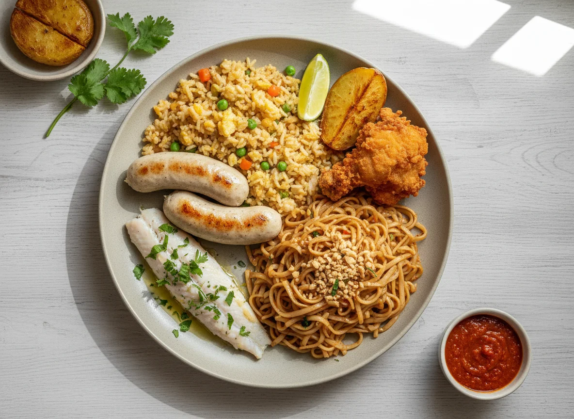Plato variado con salchicha, arroz frito y fideos photo